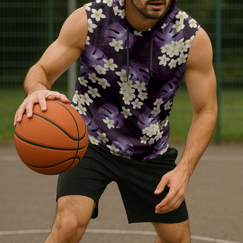 Purple Tropical Hawaii Sleeveless Hoodie Seamless Monstera Plumeria Hawaiian Pattern - Polynesian Pride