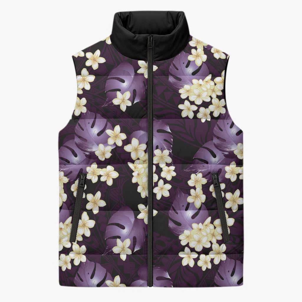 Purple Tropical Hawaii Sleeveless Puffer Jacket Seamless Monstera Plumeria Hawaiian Pattern - Polynesian Pride