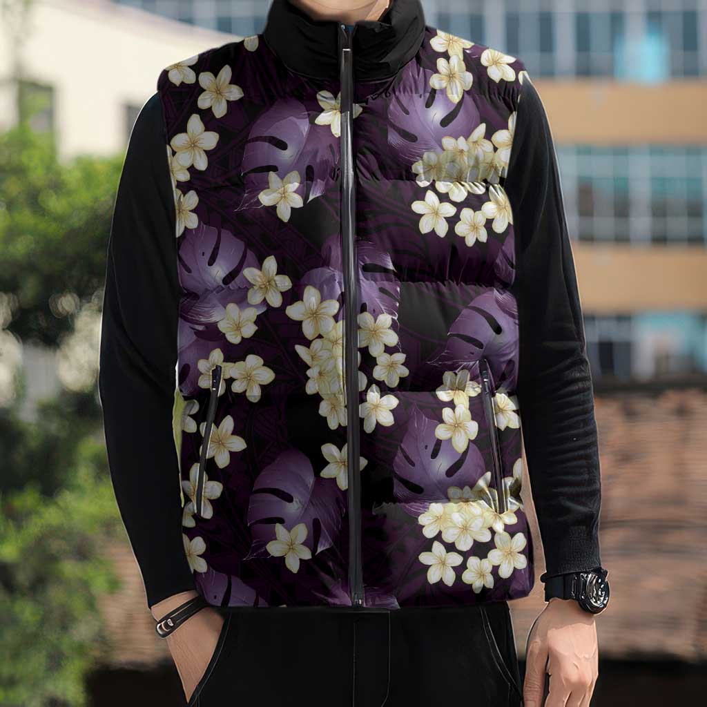 Purple Tropical Hawaii Sleeveless Puffer Jacket Seamless Monstera Plumeria Hawaiian Pattern - Polynesian Pride