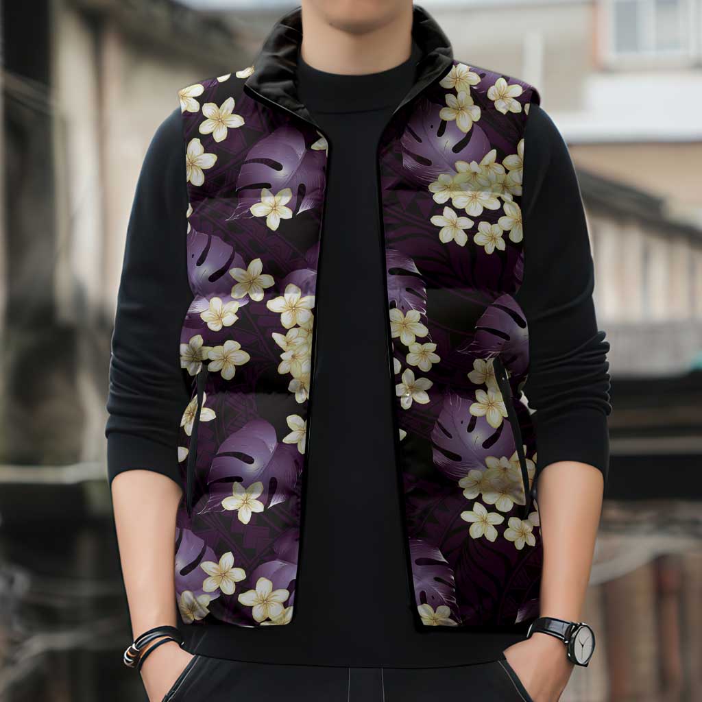 Purple Tropical Hawaii Sleeveless Puffer Jacket Seamless Monstera Plumeria Hawaiian Pattern - Polynesian Pride