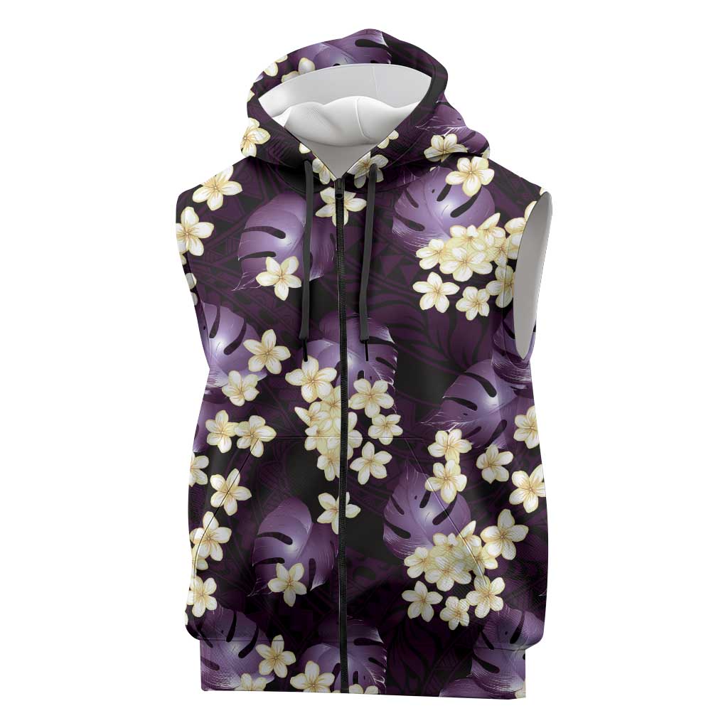 Purple Tropical Hawaii Sleeveless Zip Hoodie Seamless Monstera Plumeria Hawaiian Pattern - Polynesian Pride