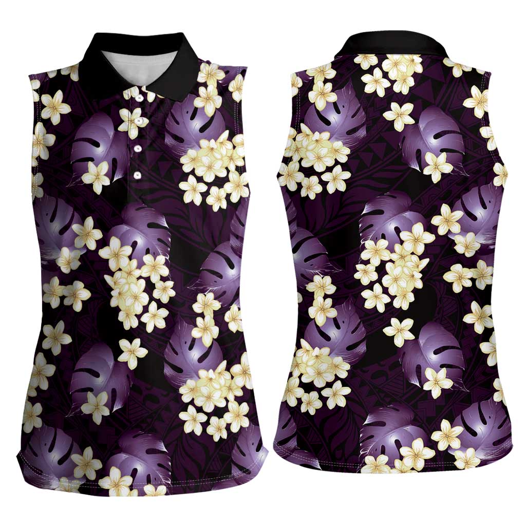 Purple Tropical Hawaii Women Sleeveless Polo Shirt Seamless Monstera Plumeria Hawaiian Pattern - Polynesian Pride