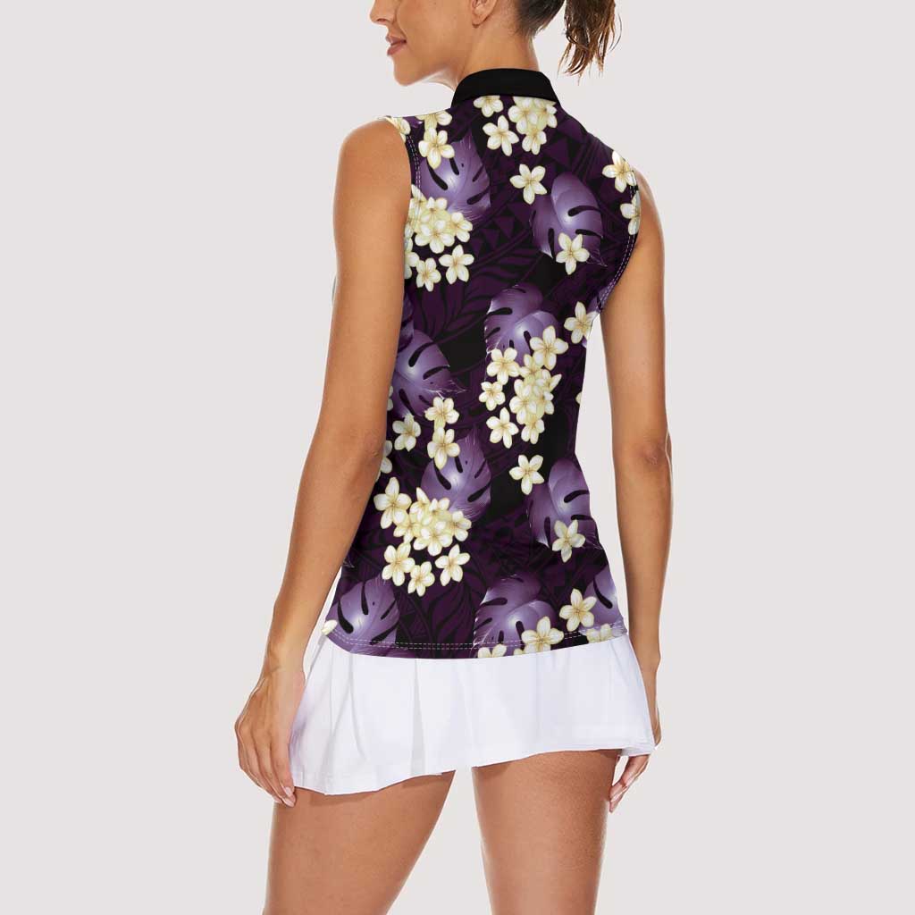 Purple Tropical Hawaii Women Sleeveless Polo Shirt Seamless Monstera Plumeria Hawaiian Pattern - Polynesian Pride