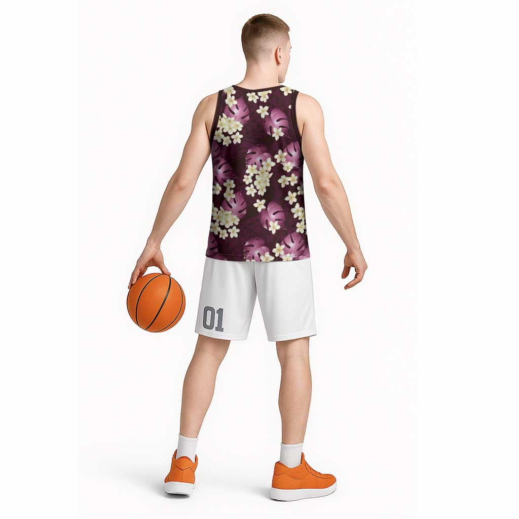 Pink Tropical Hawaii Basketball Jersey Seamless Monstera Plumeria Hawaiian Pattern - Polynesian Pride