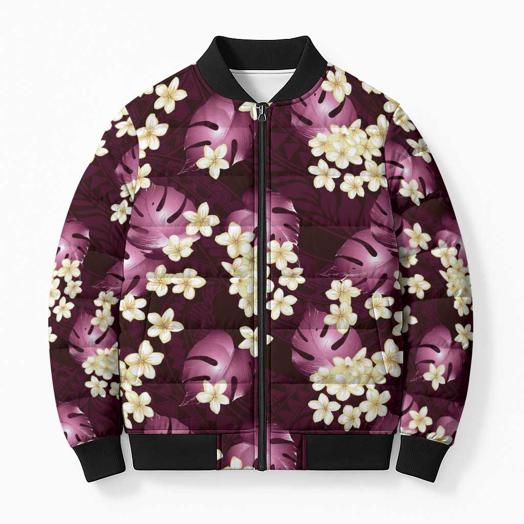 Pink Tropical Hawaii Bomber Puffer Jacket Seamless Monstera Plumeria Hawaiian Pattern - Polynesian Pride