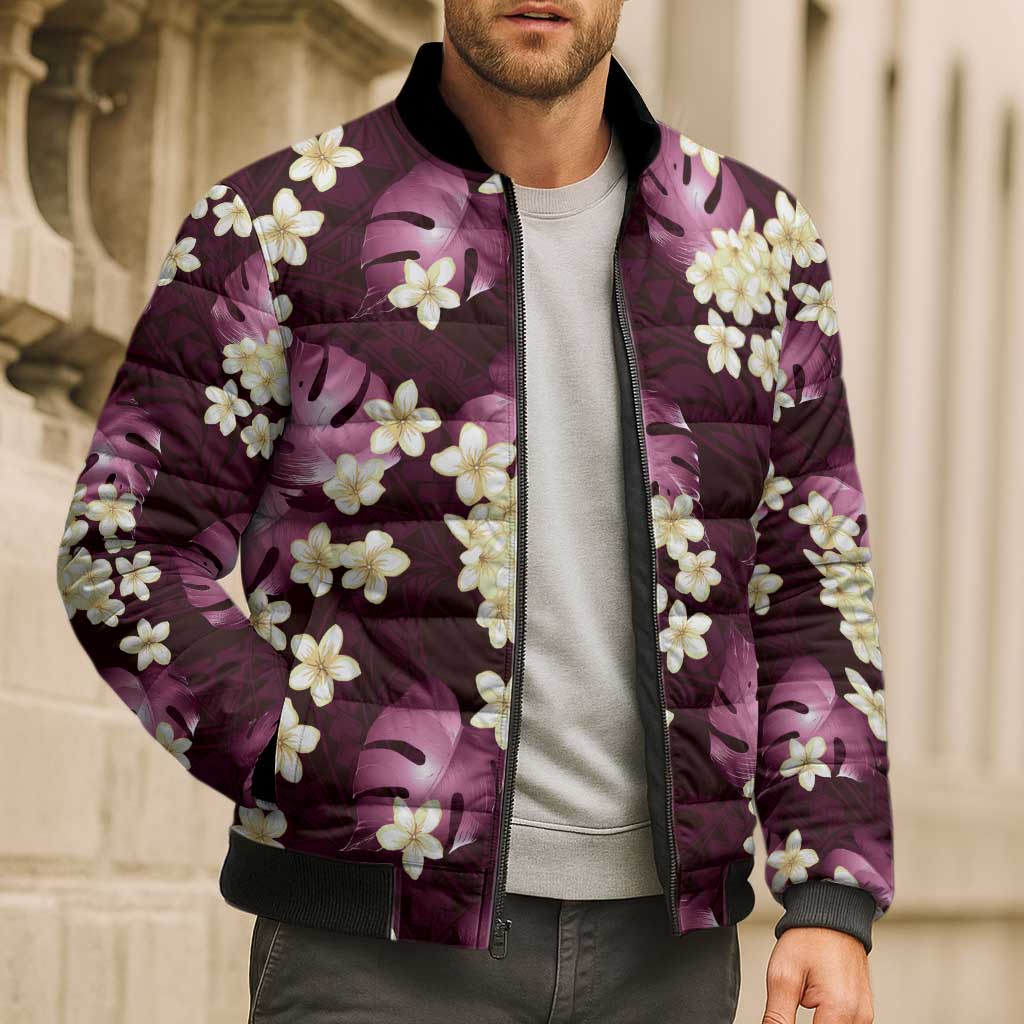 Pink Tropical Hawaii Bomber Puffer Jacket Seamless Monstera Plumeria Hawaiian Pattern - Polynesian Pride