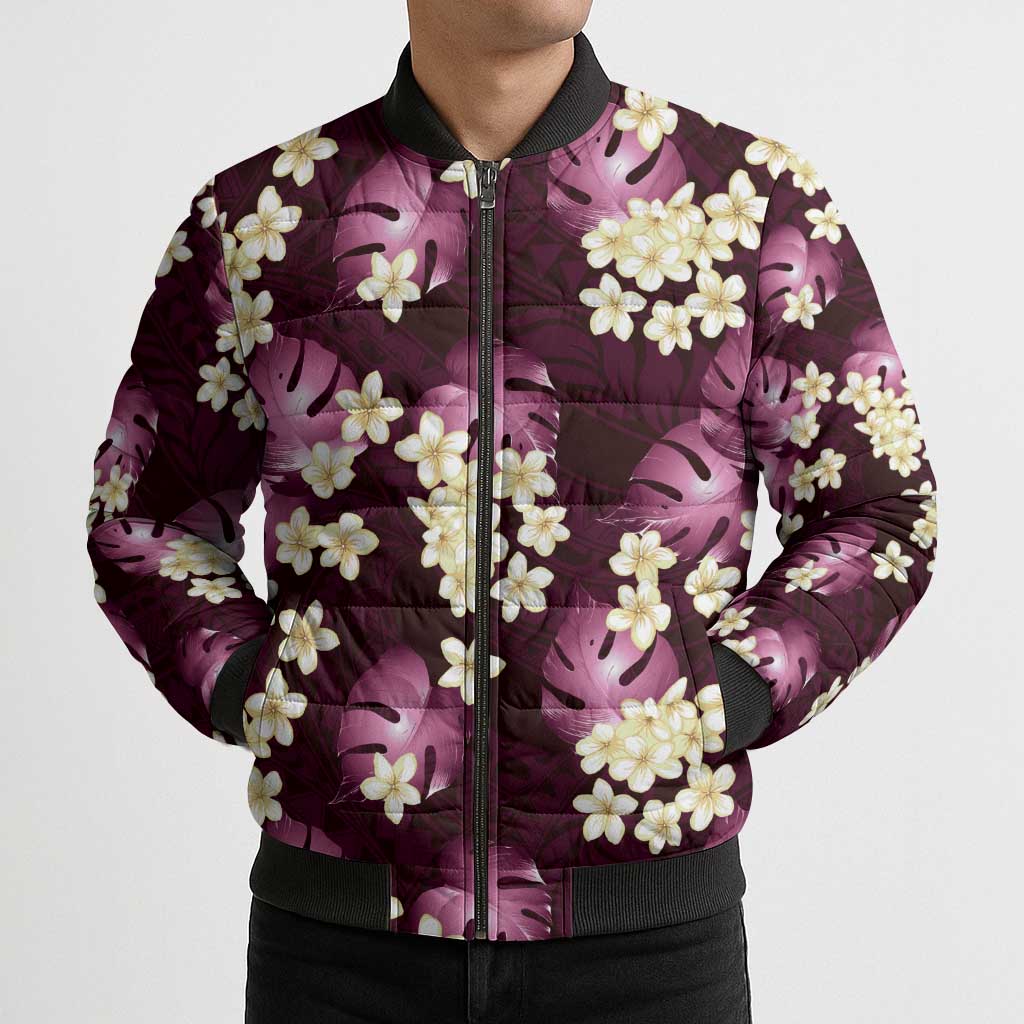 Pink Tropical Hawaii Bomber Puffer Jacket Seamless Monstera Plumeria Hawaiian Pattern - Polynesian Pride
