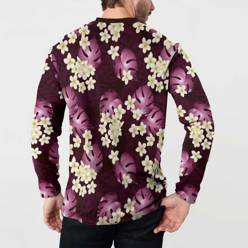 Pink Tropical Hawaii Button Sweatshirt Seamless Monstera Plumeria Hawaiian Pattern - Polynesian Pride