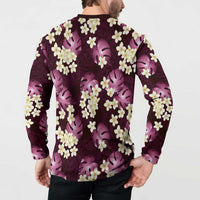 Pink Tropical Hawaii Button Sweatshirt Seamless Monstera Plumeria Hawaiian Pattern - Polynesian Pride
