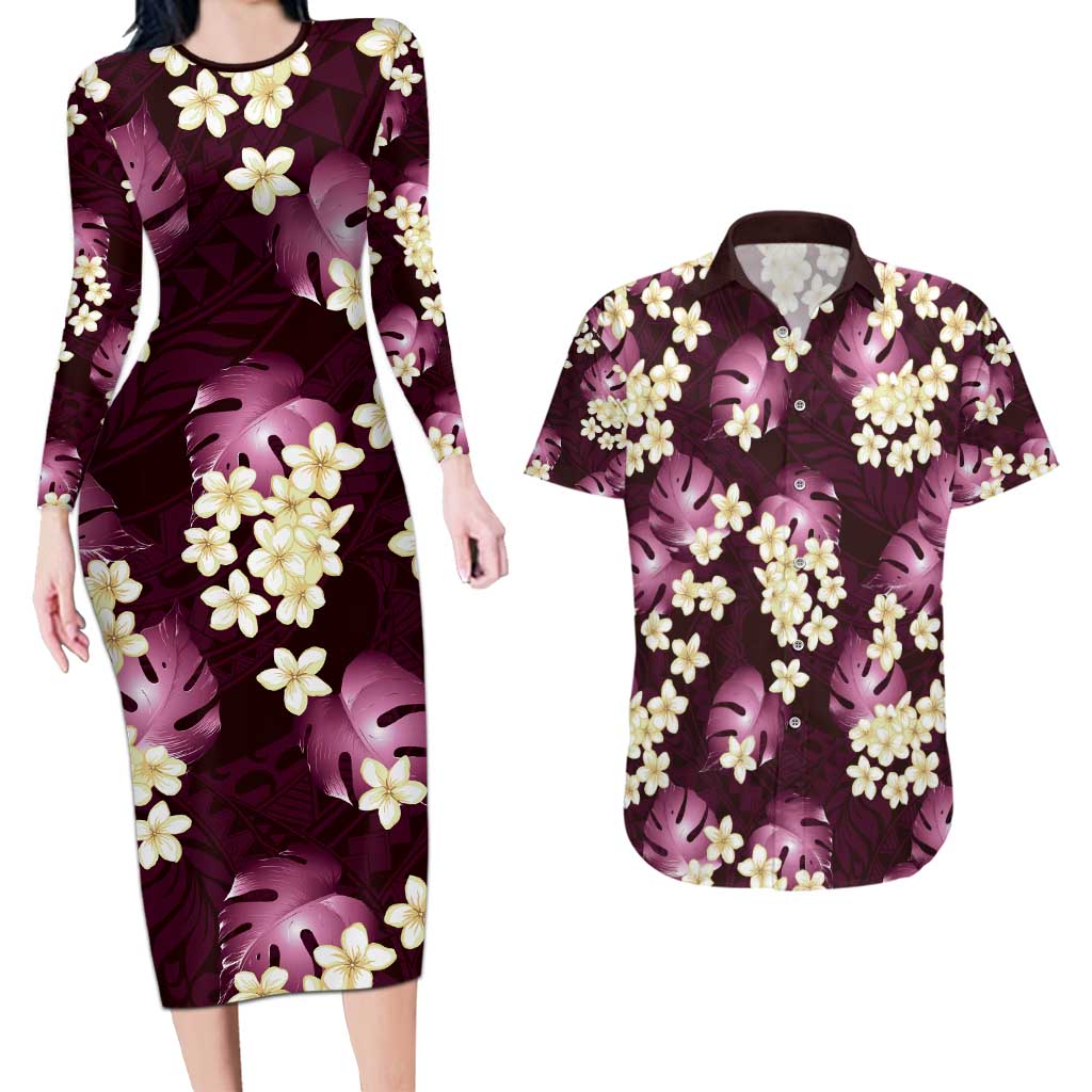 Pink Tropical Hawaii Couples Matching Long Sleeve Bodycon Dress and Hawaiian Shirt Seamless Monstera Plumeria Hawaiian Pattern LT14 Pink - Polynesian Pride