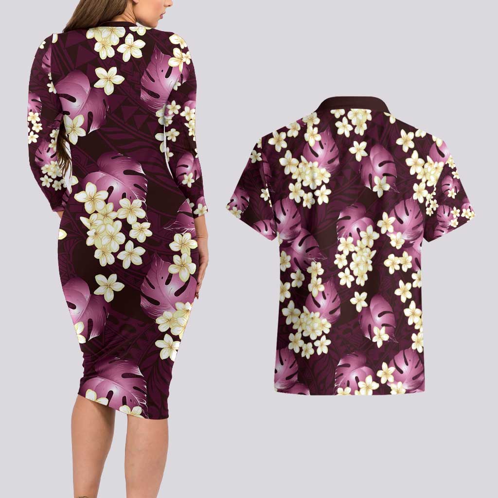 Pink Tropical Hawaii Couples Matching Long Sleeve Bodycon Dress and Hawaiian Shirt Seamless Monstera Plumeria Hawaiian Pattern - Polynesian Pride