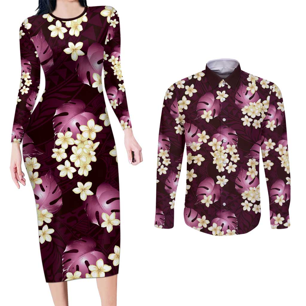 Pink Tropical Hawaii Couples Matching Long Sleeve Bodycon Dress and Long Sleeve Button Shirt Seamless Monstera Plumeria Hawaiian Pattern - Polynesian Pride