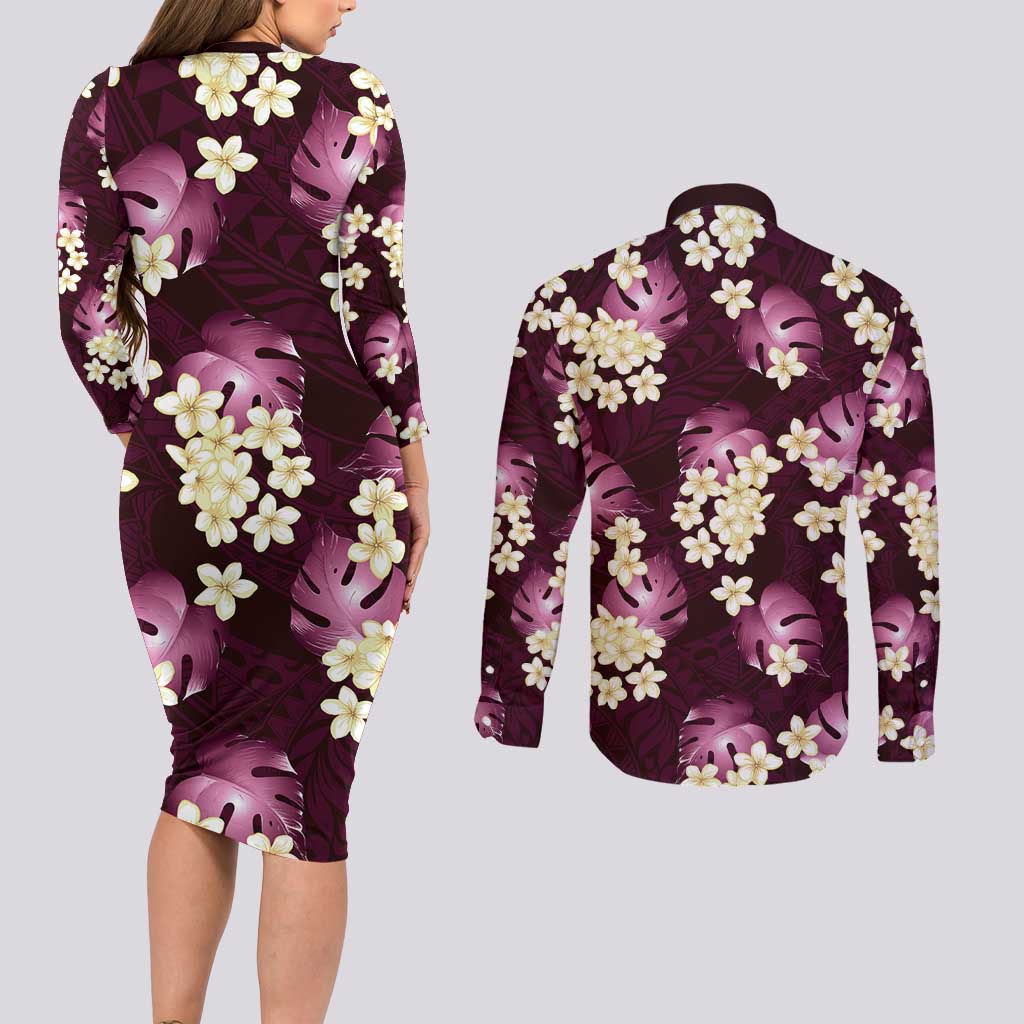 Pink Tropical Hawaii Couples Matching Long Sleeve Bodycon Dress and Long Sleeve Button Shirt Seamless Monstera Plumeria Hawaiian Pattern - Polynesian Pride