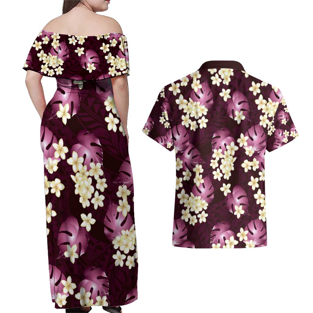 Pink Tropical Hawaii Couples Matching Off Shoulder Maxi Dress and Hawaiian Shirt Seamless Monstera Plumeria Hawaiian Pattern - Polynesian Pride