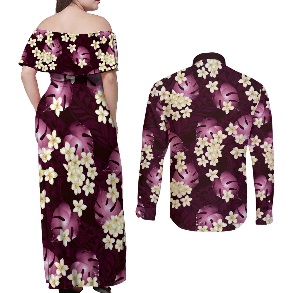 Pink Tropical Hawaii Couples Matching Off Shoulder Maxi Dress and Long Sleeve Button Shirt Seamless Monstera Plumeria Hawaiian Pattern - Polynesian Pride