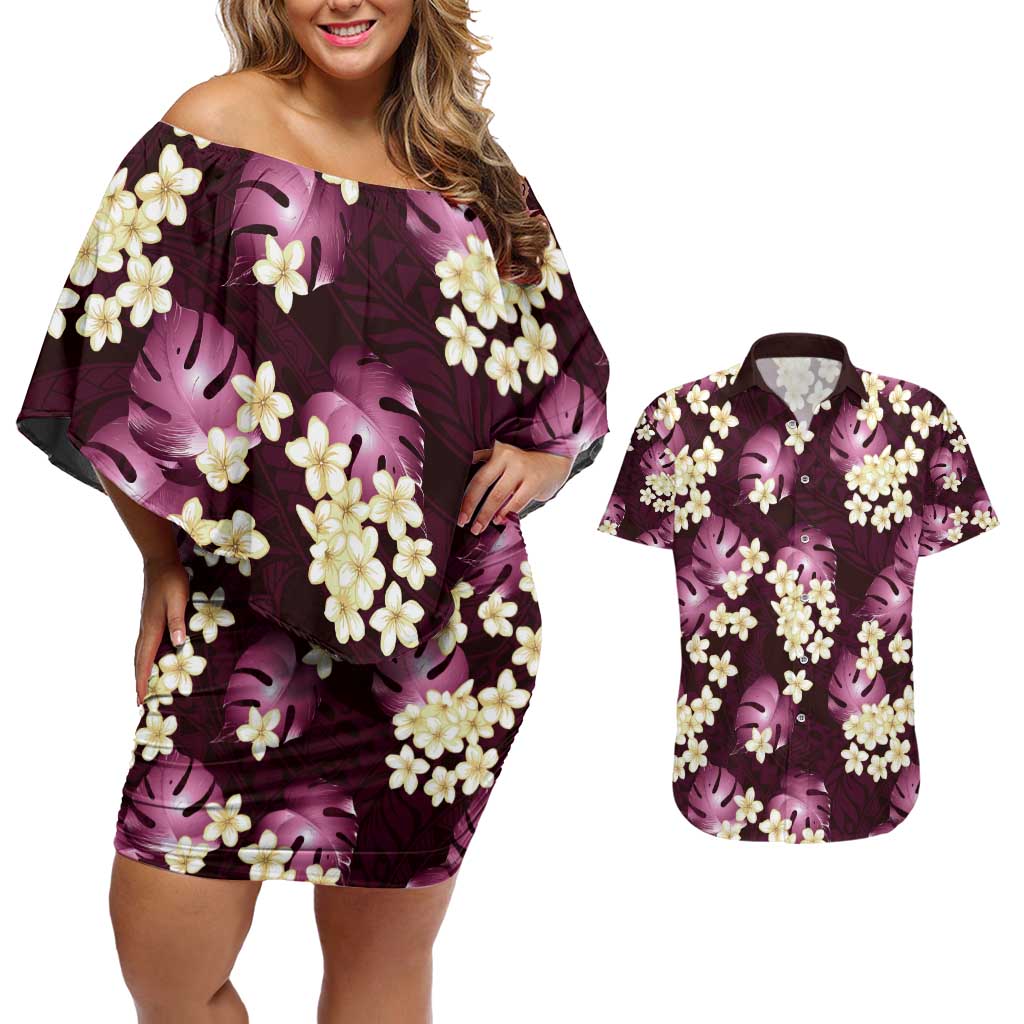Pink Tropical Hawaii Couples Matching Off Shoulder Short Dress and Hawaiian Shirt Seamless Monstera Plumeria Hawaiian Pattern LT14 Pink - Polynesian Pride