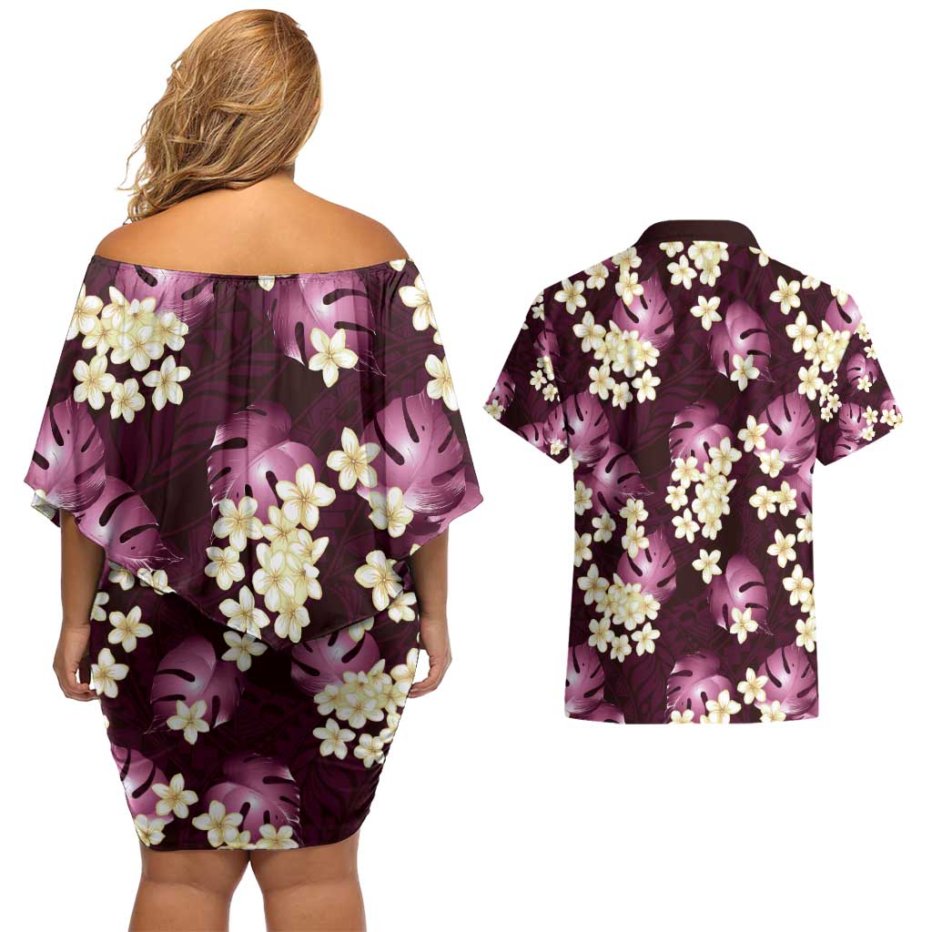 Pink Tropical Hawaii Couples Matching Off Shoulder Short Dress and Hawaiian Shirt Seamless Monstera Plumeria Hawaiian Pattern - Polynesian Pride