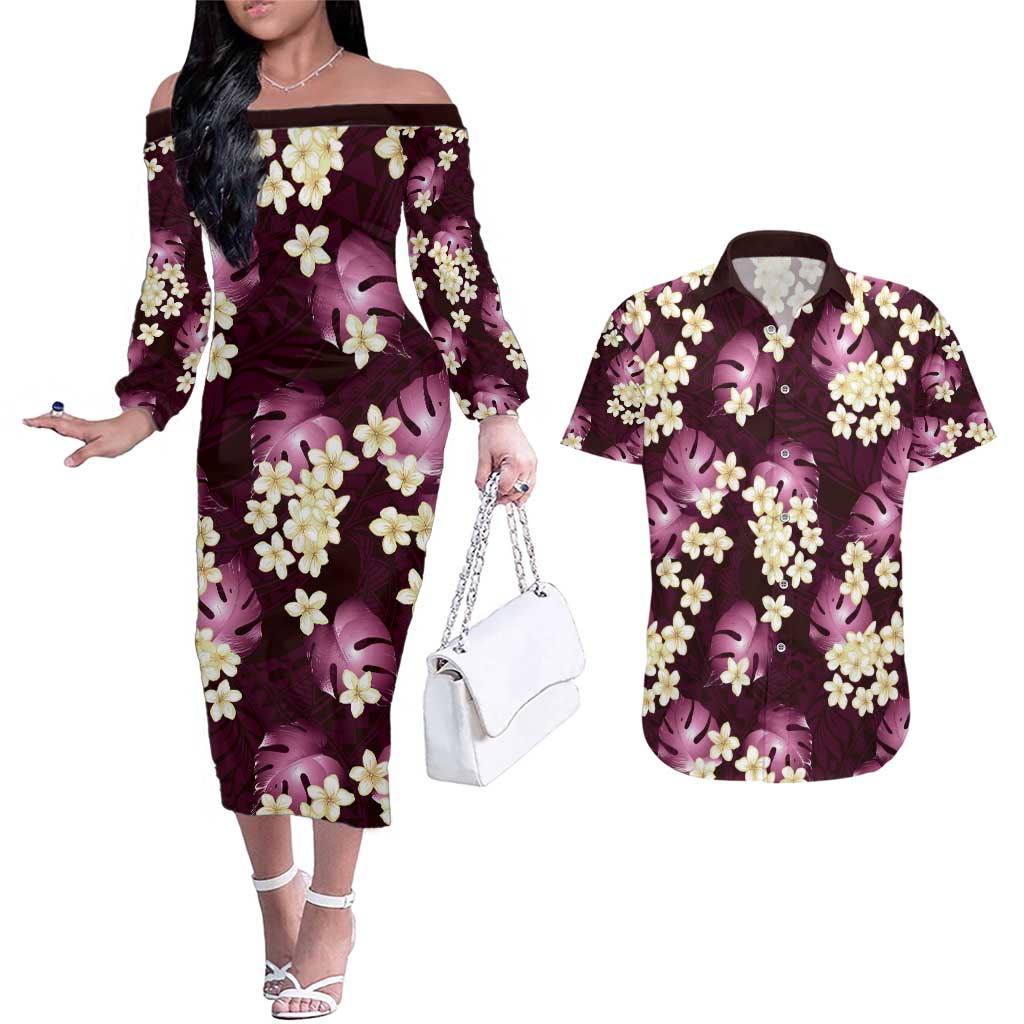 Pink Tropical Hawaii Couples Matching Off The Shoulder Long Sleeve Dress and Hawaiian Shirt Seamless Monstera Plumeria Hawaiian Pattern - Polynesian Pride