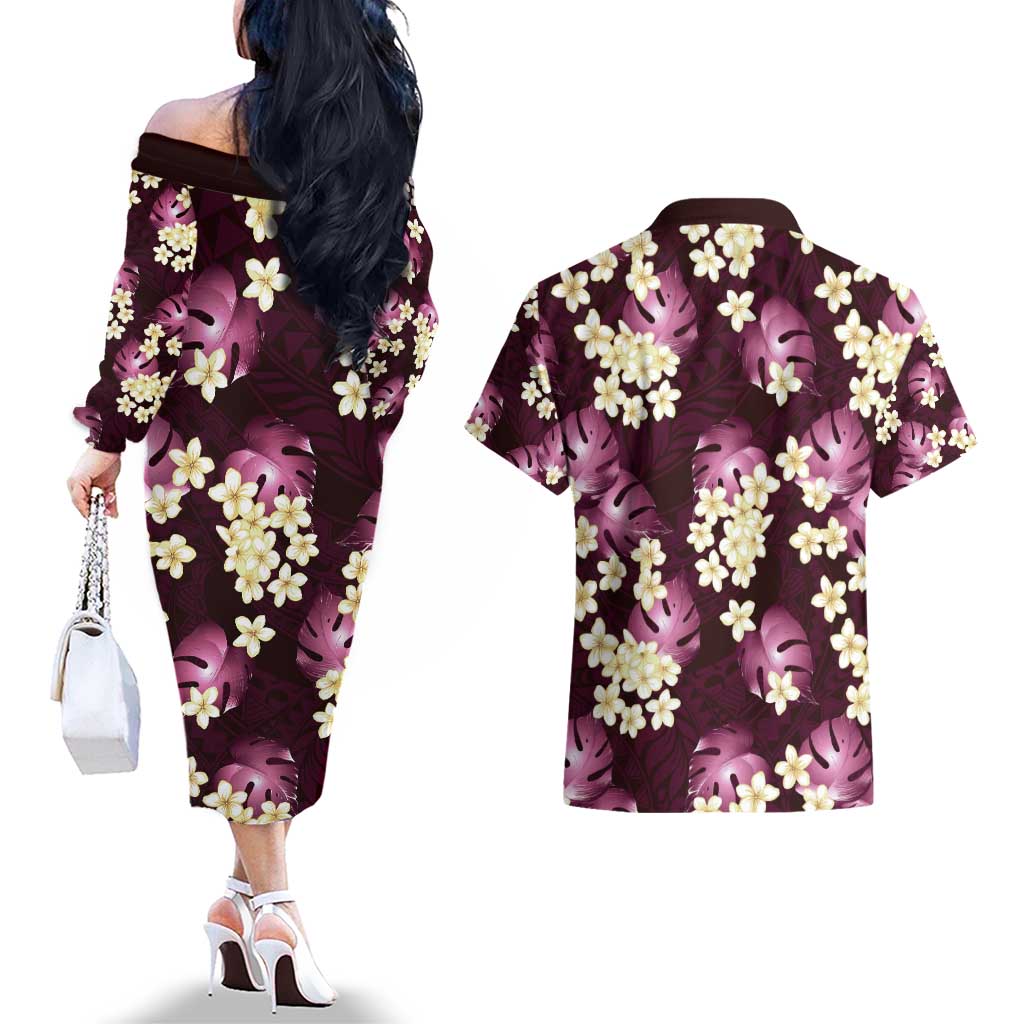 Pink Tropical Hawaii Couples Matching Off The Shoulder Long Sleeve Dress and Hawaiian Shirt Seamless Monstera Plumeria Hawaiian Pattern - Polynesian Pride