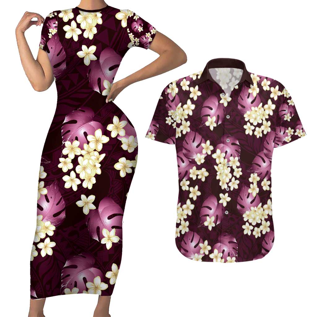 Pink Tropical Hawaii Couples Matching Short Sleeve Bodycon Dress and Hawaiian Shirt Seamless Monstera Plumeria Hawaiian Pattern LT14 Pink - Polynesian Pride