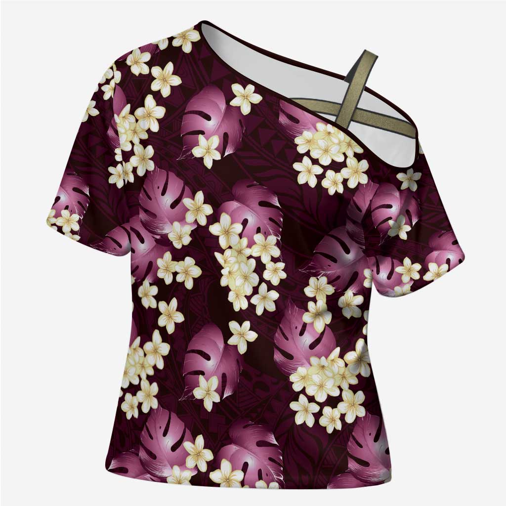 Pink Tropical Hawaii Cross Shoulder Shirt Seamless Monstera Plumeria Hawaiian Pattern - Polynesian Pride