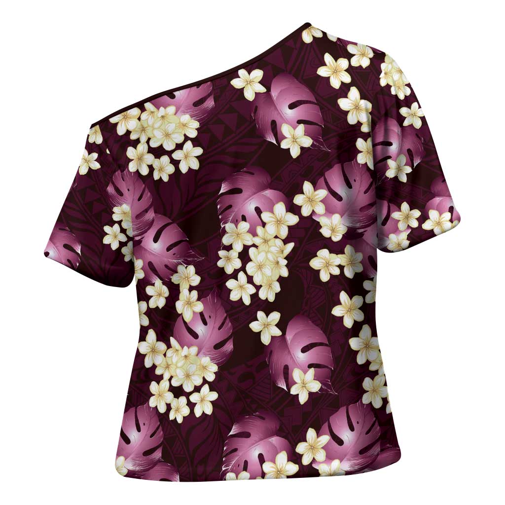 Pink Tropical Hawaii Cross Shoulder Shirt Seamless Monstera Plumeria Hawaiian Pattern - Polynesian Pride