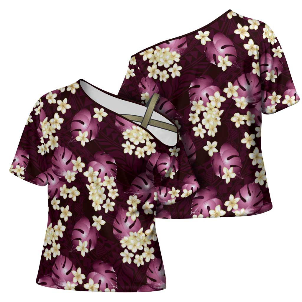 Pink Tropical Hawaii Cross Shoulder Shirt Seamless Monstera Plumeria Hawaiian Pattern - Polynesian Pride