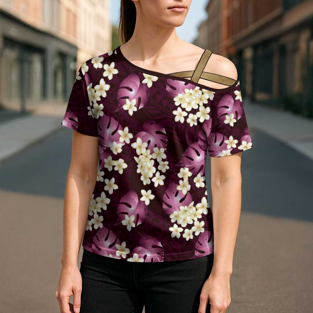 Pink Tropical Hawaii Cross Shoulder Shirt Seamless Monstera Plumeria Hawaiian Pattern - Polynesian Pride