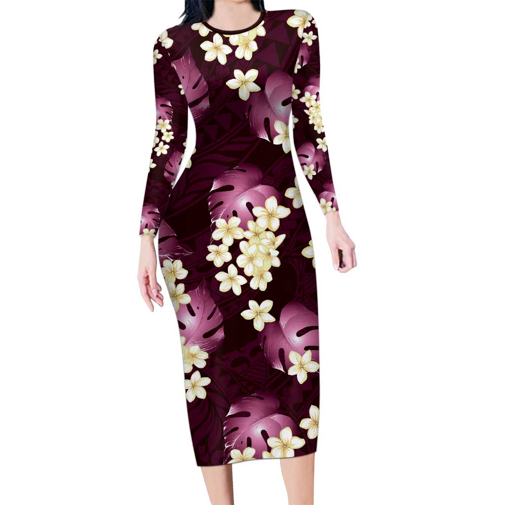 Pink Tropical Hawaii Family Matching Long Sleeve Bodycon Dress and Hawaiian Shirt Seamless Monstera Plumeria Hawaiian Pattern LT14 Mom's Dress Pink - Polynesian Pride