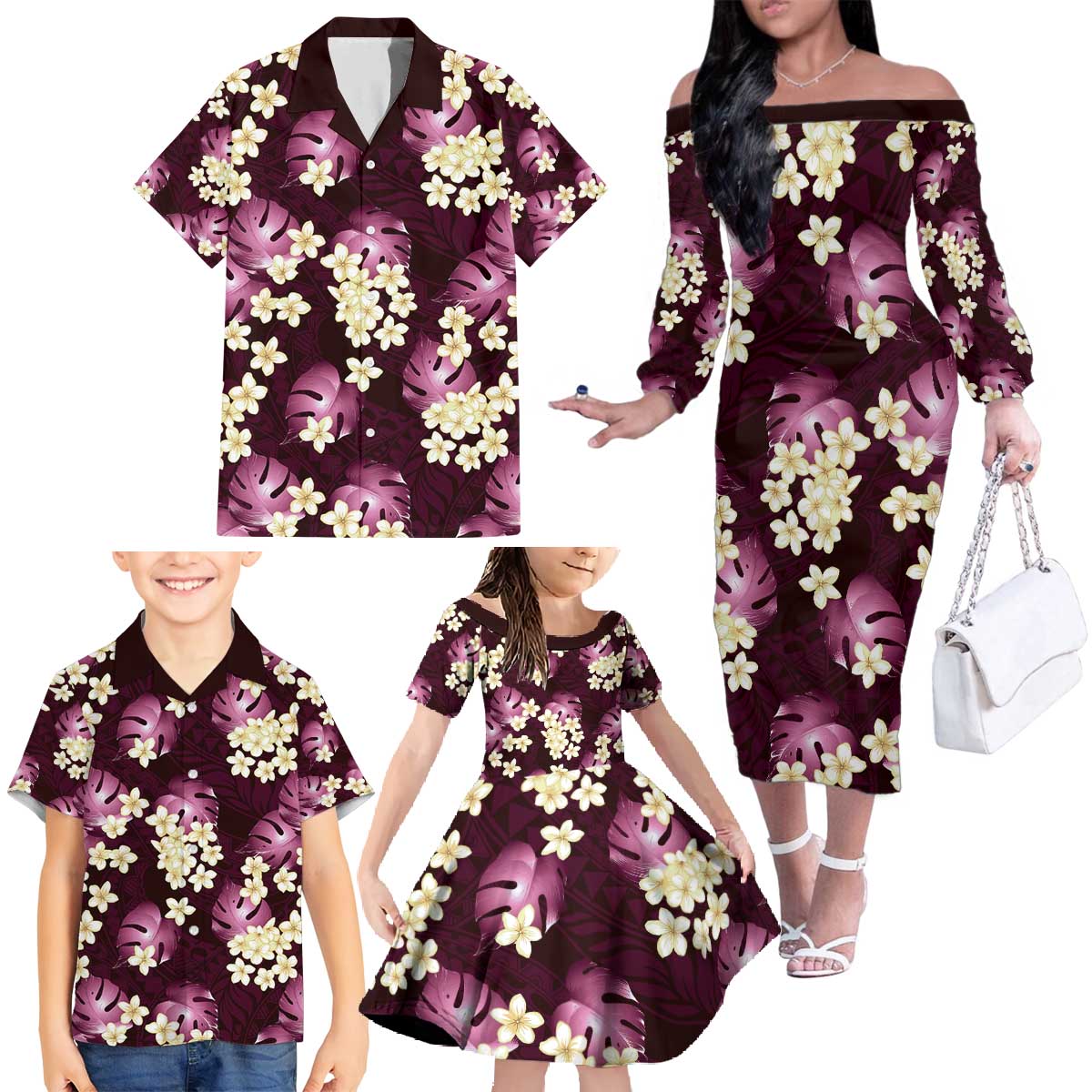 Pink Tropical Hawaii Family Matching Off The Shoulder Long Sleeve Dress and Hawaiian Shirt Seamless Monstera Plumeria Hawaiian Pattern LT14 - Polynesian Pride