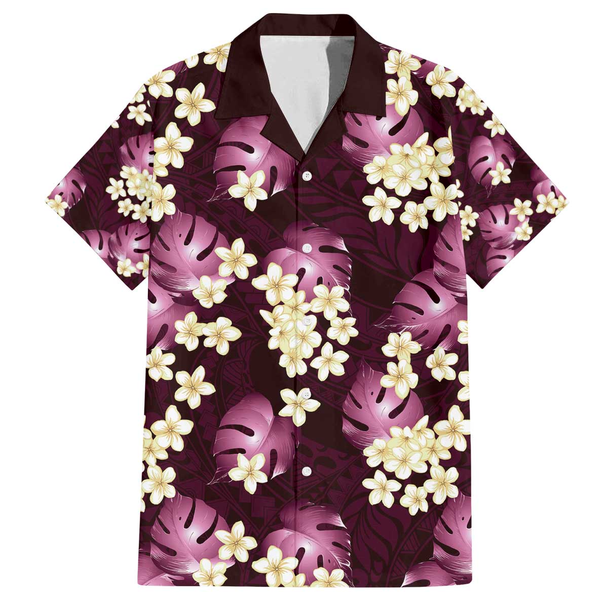 Pink Tropical Hawaii Family Matching Off The Shoulder Long Sleeve Dress and Hawaiian Shirt Seamless Monstera Plumeria Hawaiian Pattern LT14 Dad's Shirt - Short Sleeve Pink - Polynesian Pride