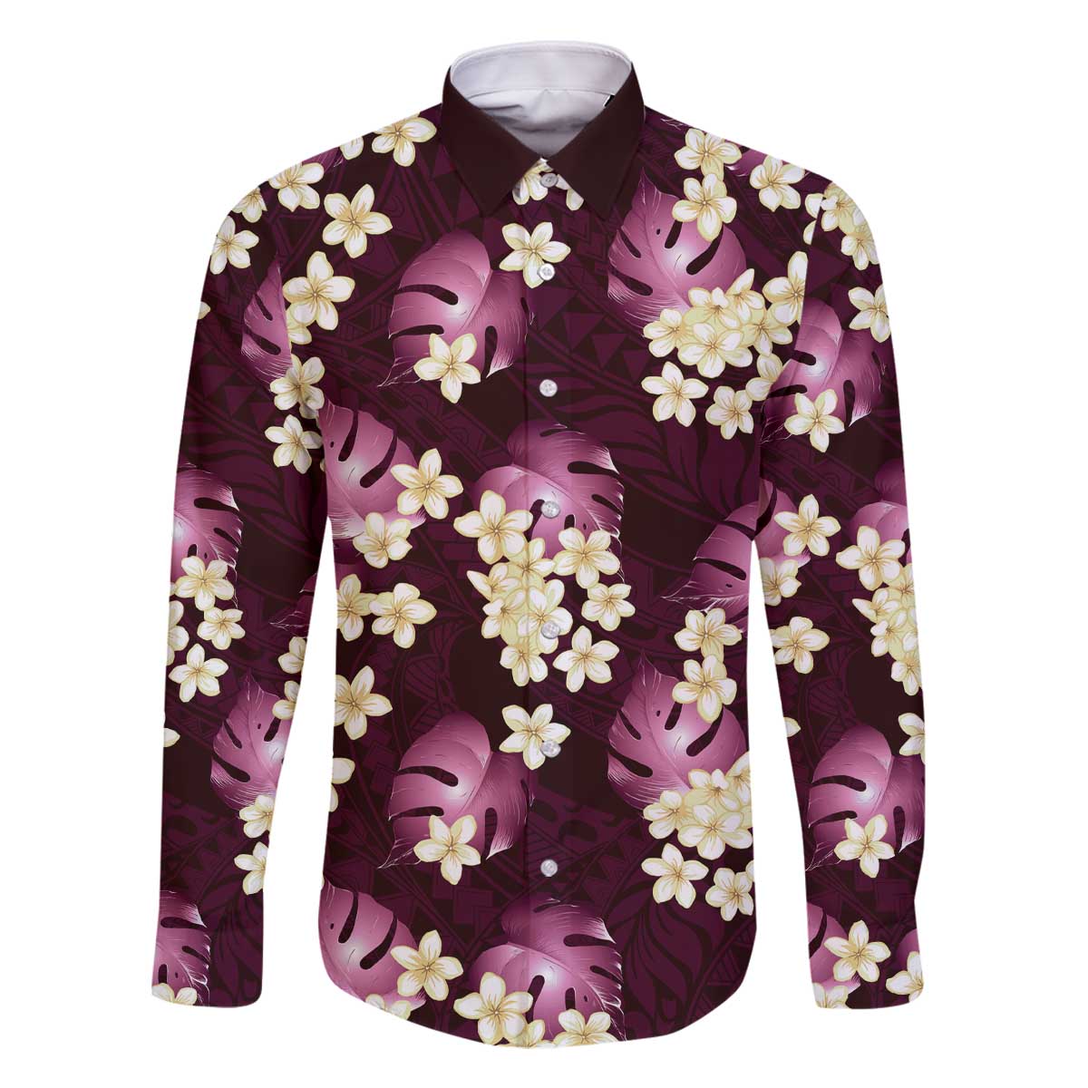 Pink Tropical Hawaii Family Matching Off The Shoulder Long Sleeve Dress and Hawaiian Shirt Seamless Monstera Plumeria Hawaiian Pattern LT14 Dad's Shirt - Long Sleeve Pink - Polynesian Pride