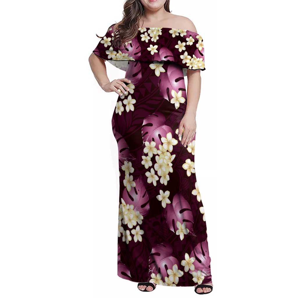 Pink Tropical Hawaii Family Matching Off Shoulder Maxi Dress and Hawaiian Shirt Seamless Monstera Plumeria Hawaiian Pattern LT14 Mom's Dress Pink - Polynesian Pride