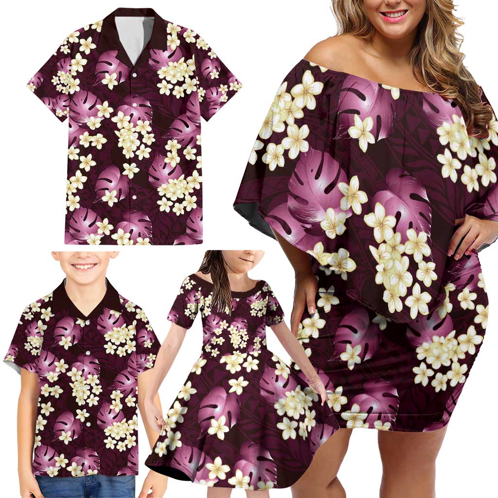 Pink Tropical Hawaii Family Matching Off Shoulder Short Dress and Hawaiian Shirt Seamless Monstera Plumeria Hawaiian Pattern LT14 - Polynesian Pride