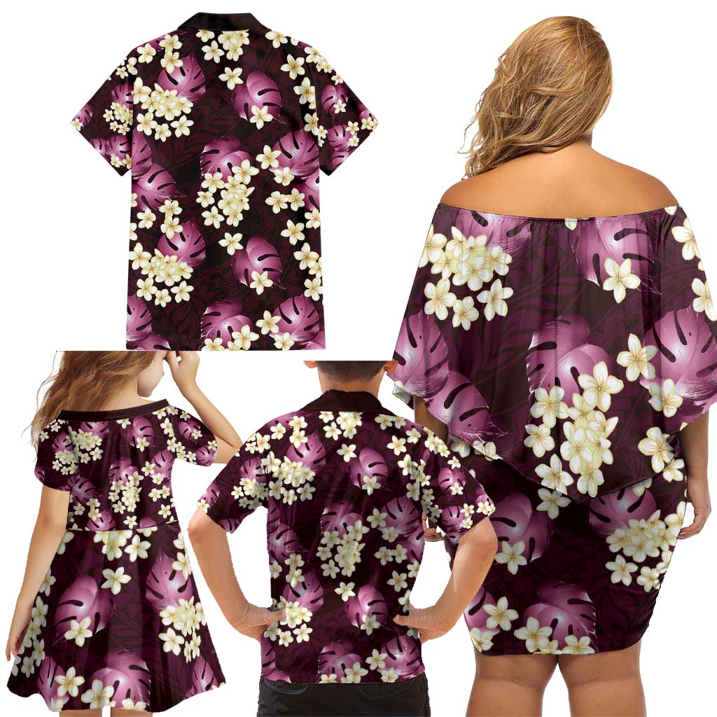 Pink Tropical Hawaii Family Matching Off Shoulder Short Dress and Hawaiian Shirt Seamless Monstera Plumeria Hawaiian Pattern LT14 - Polynesian Pride