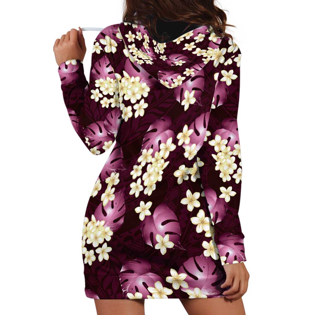Pink Tropical Hawaii Hoodie Dress Seamless Monstera Plumeria Hawaiian Pattern - Polynesian Pride