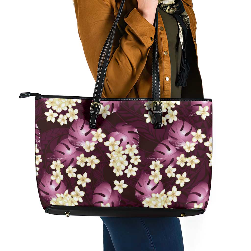 Pink Tropical Hawaii Leather Tote Bag Seamless Monstera Plumeria Hawaiian Pattern - Polynesian Pride