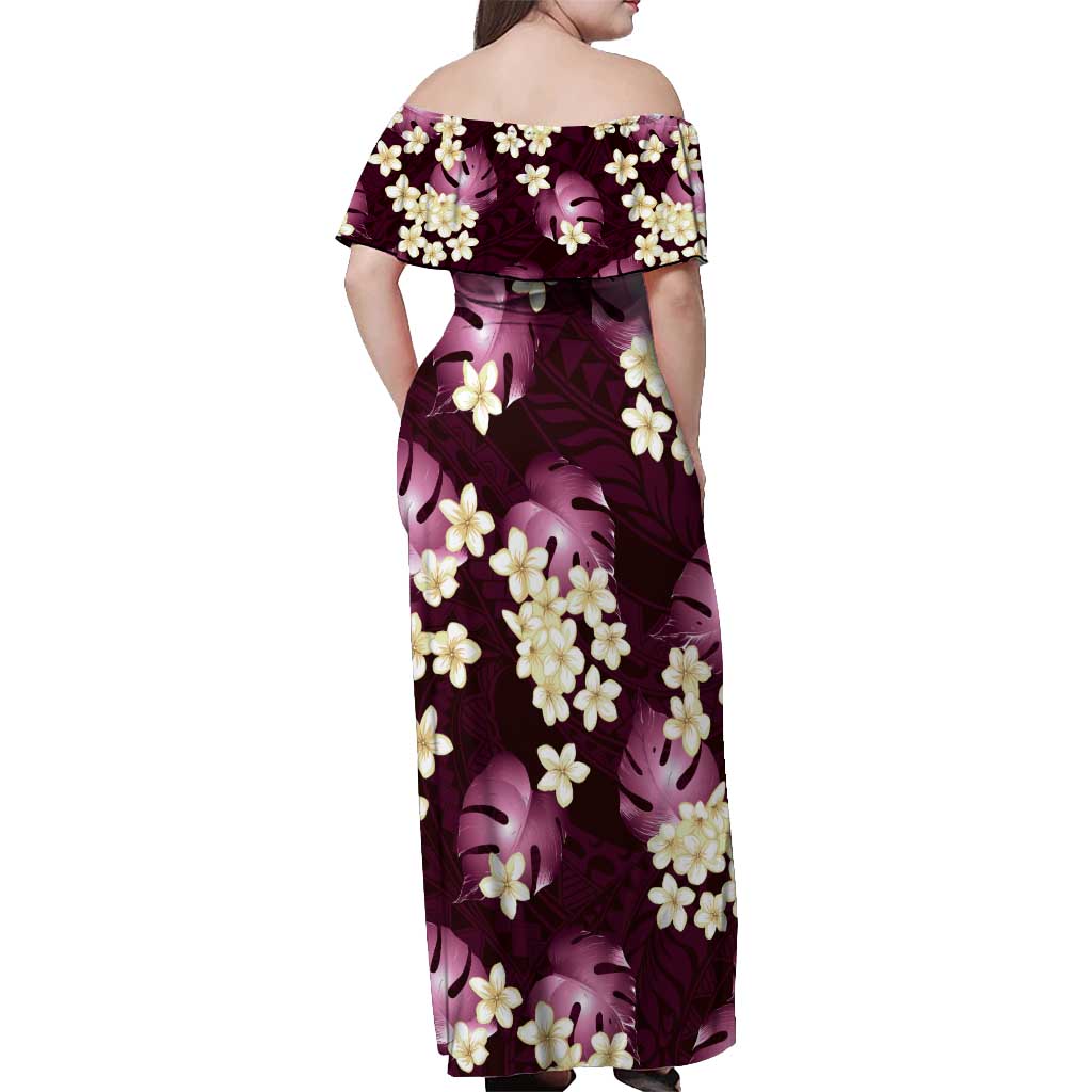 Pink Tropical Hawaii Off Shoulder Maxi Dress Seamless Monstera Plumeria Hawaiian Pattern - Polynesian Pride