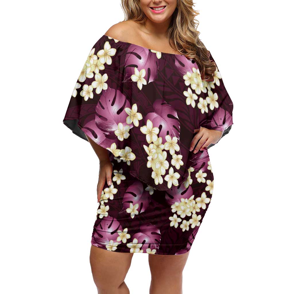 Pink Tropical Hawaii Off Shoulder Short Dress Seamless Monstera Plumeria Hawaiian Pattern - Polynesian Pride