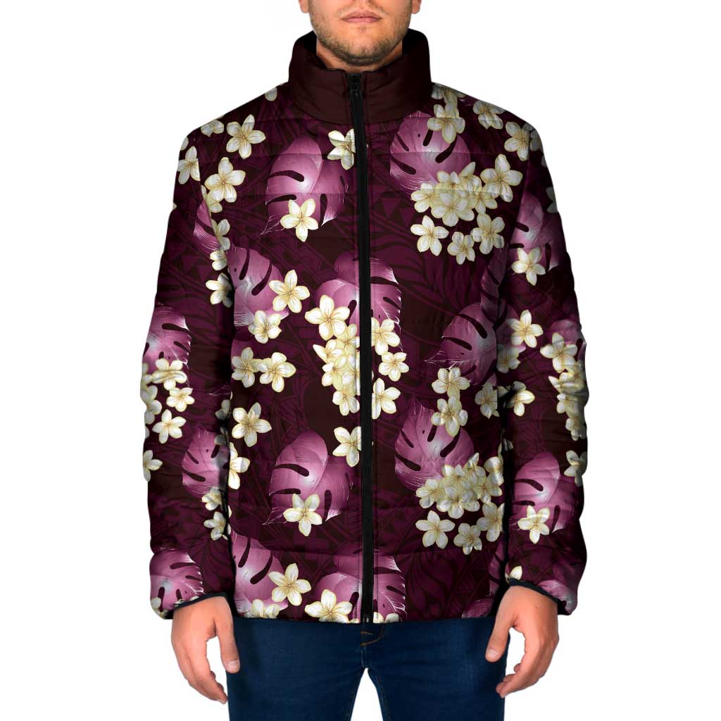 Pink Tropical Hawaii Padded Jacket Seamless Monstera Plumeria Hawaiian Pattern - Polynesian Pride