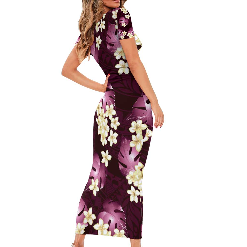 Pink Tropical Hawaii Short Sleeve Bodycon Dress Seamless Monstera Plumeria Hawaiian Pattern LT14 - Polynesian Pride