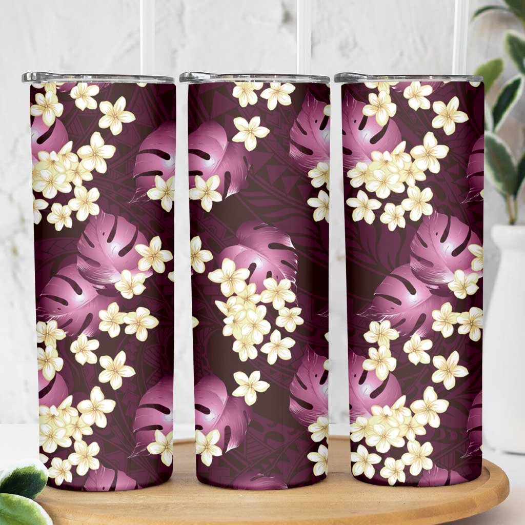 Pink Tropical Hawaii Skinny Tumbler Seamless Monstera Plumeria Hawaiian Pattern - Polynesian Pride