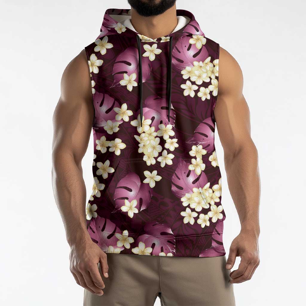 Pink Tropical Hawaii Sleeveless Hoodie Seamless Monstera Plumeria Hawaiian Pattern - Polynesian Pride