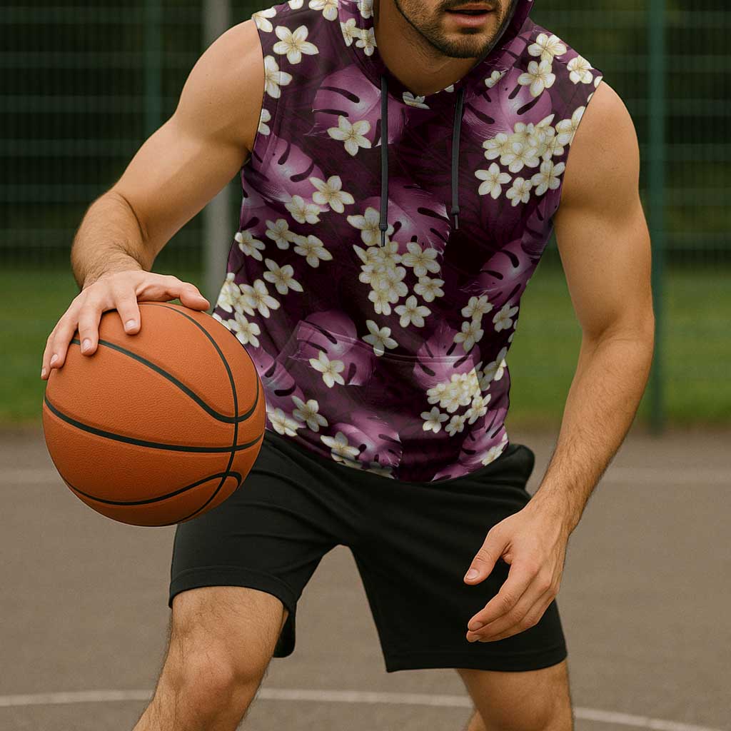 Pink Tropical Hawaii Sleeveless Hoodie Seamless Monstera Plumeria Hawaiian Pattern - Polynesian Pride