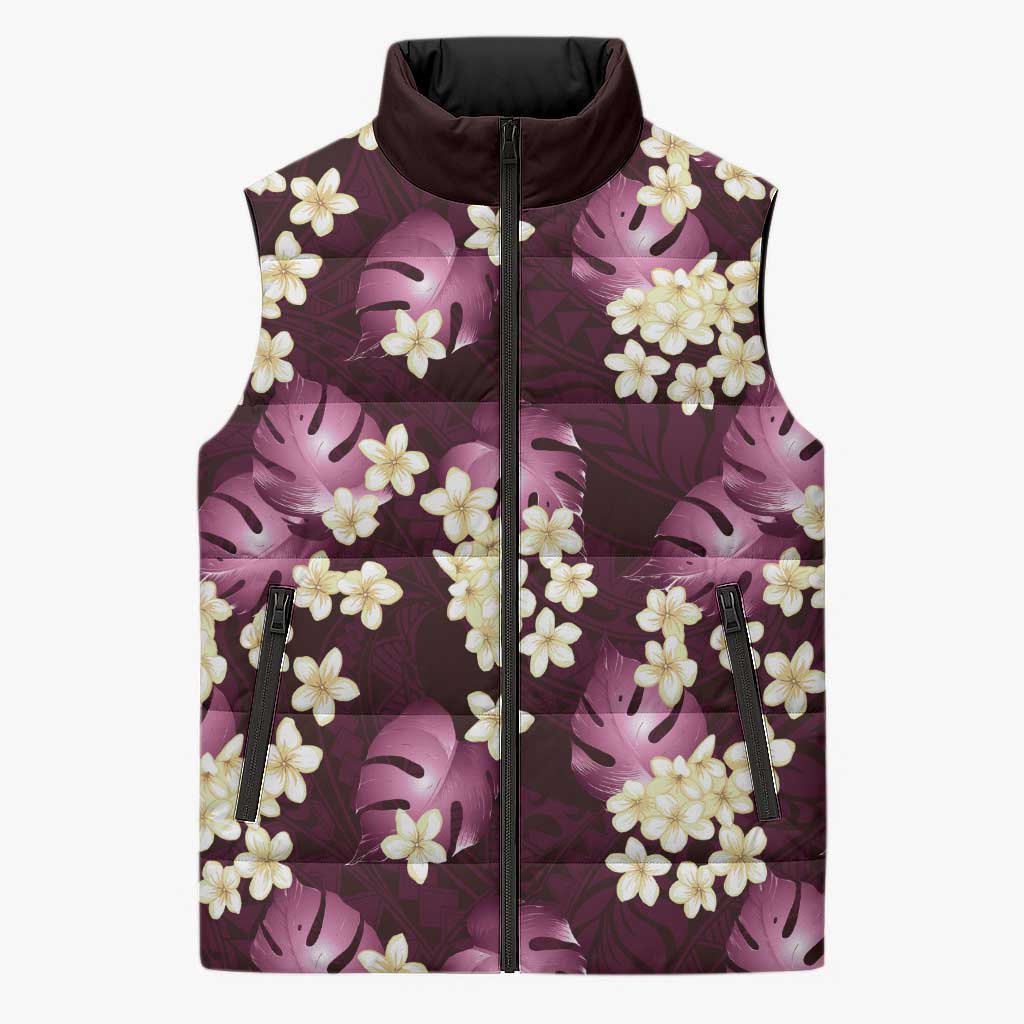 Pink Tropical Hawaii Sleeveless Puffer Jacket Seamless Monstera Plumeria Hawaiian Pattern - Polynesian Pride