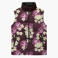 Pink Tropical Hawaii Sleeveless Puffer Jacket Seamless Monstera Plumeria Hawaiian Pattern - Polynesian Pride