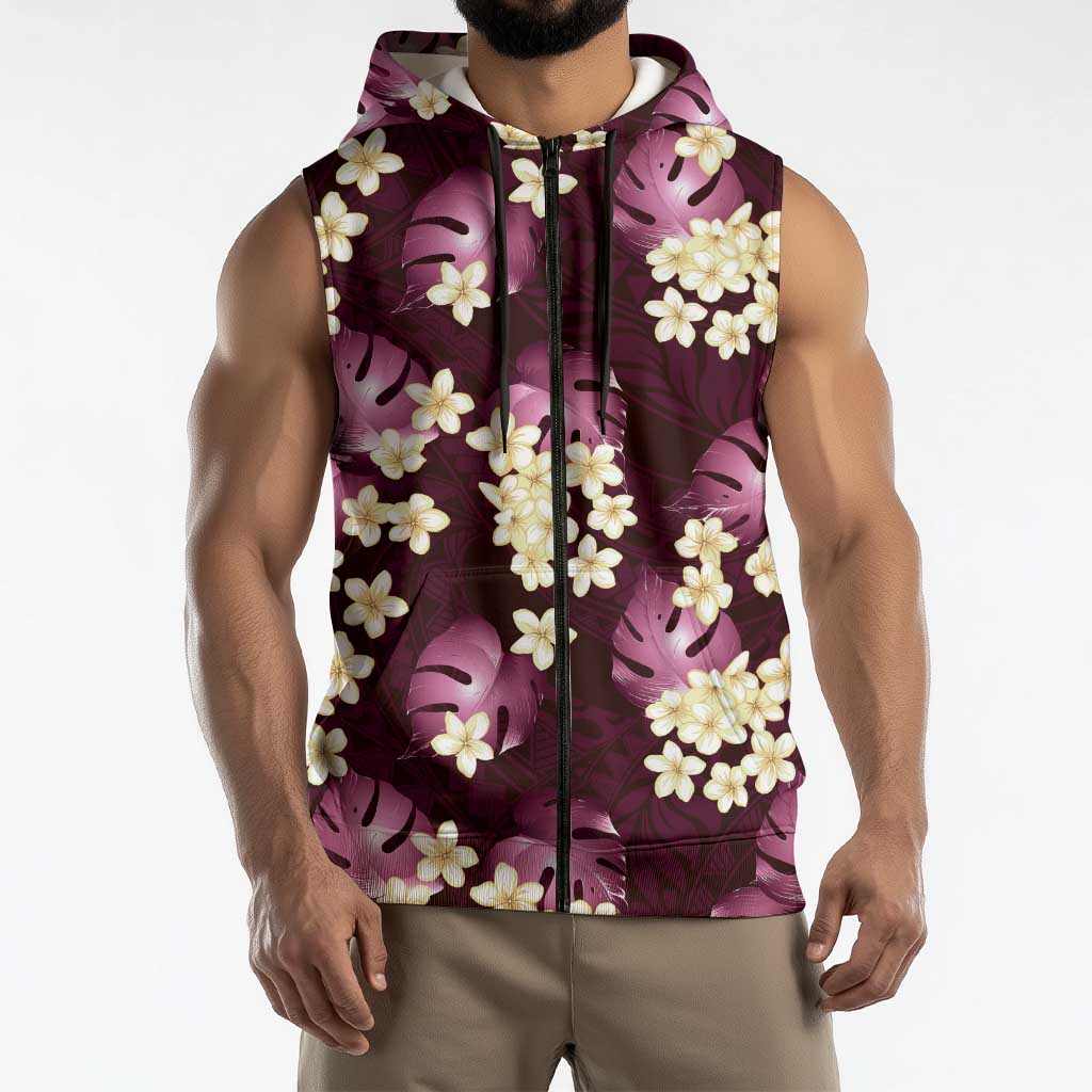 Pink Tropical Hawaii Sleeveless Zip Hoodie Seamless Monstera Plumeria Hawaiian Pattern - Polynesian Pride