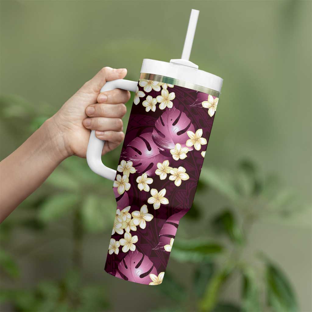 Pink Tropical Hawaii Tumbler With Handle Seamless Monstera Plumeria Hawaiian Pattern - Polynesian Pride