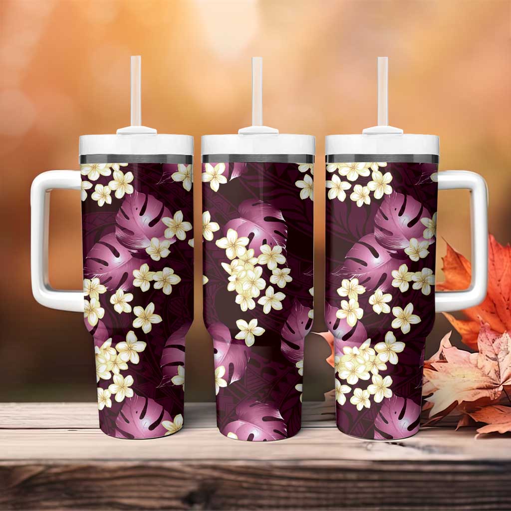 Pink Tropical Hawaii Tumbler With Handle Seamless Monstera Plumeria Hawaiian Pattern - Polynesian Pride
