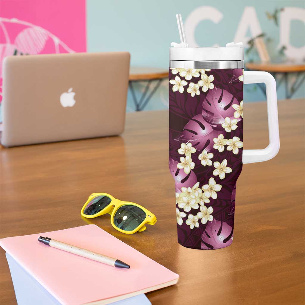 Pink Tropical Hawaii Tumbler With Handle Seamless Monstera Plumeria Hawaiian Pattern - Polynesian Pride